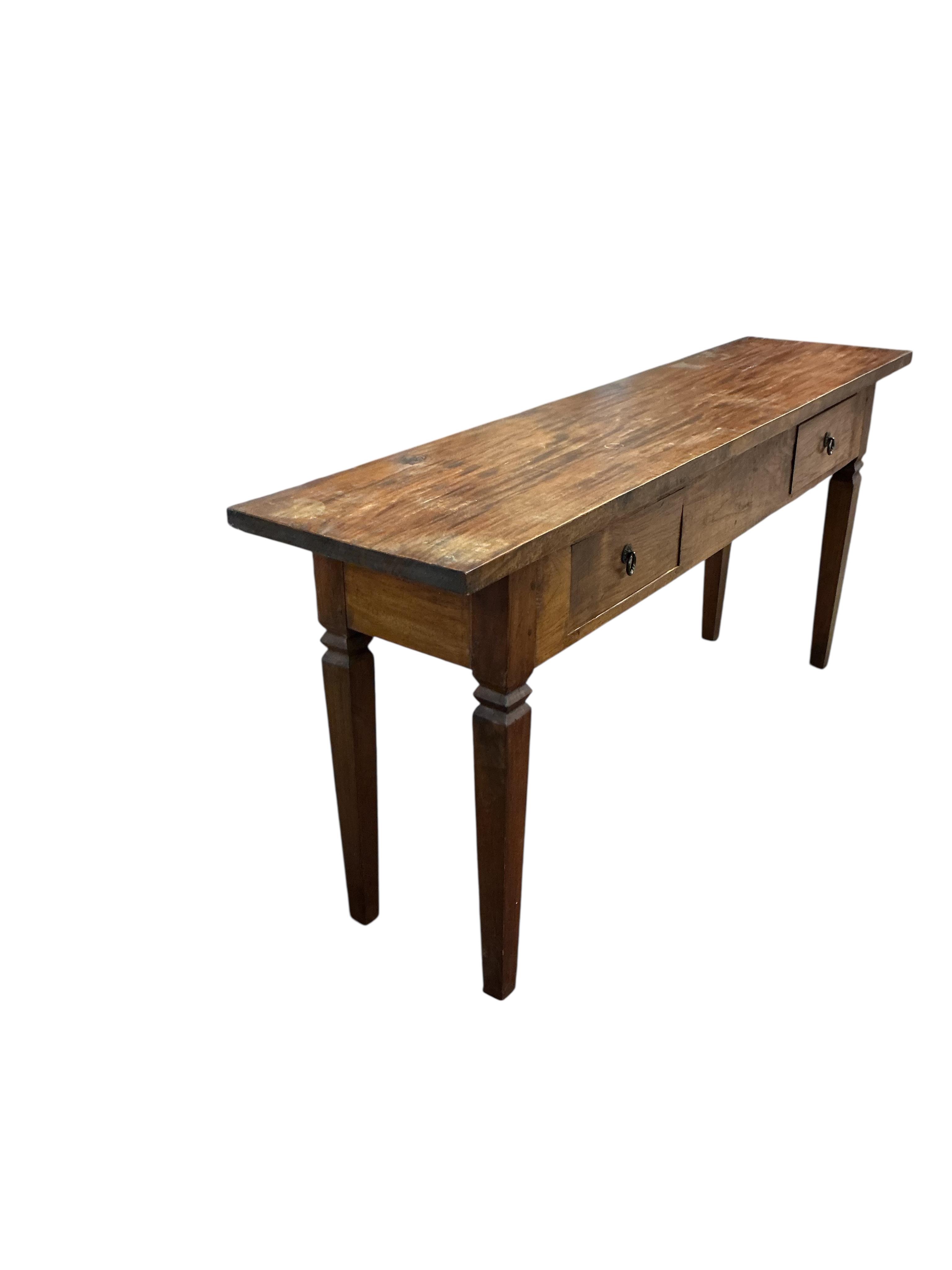 A Continental hardwood two drawer console table, width 170cm, depth 40cm, height 76cm